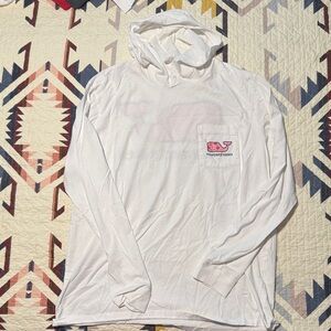 Vineyard Vines White Long-Sleeve Hooded Pocket Tee with Pink Logo